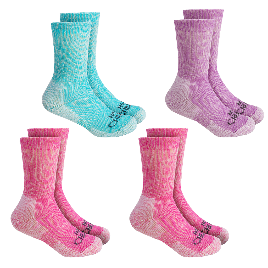 Hot Chillys Youth Wool Trail Socks 4-pack - Pink/Aqua/Purple