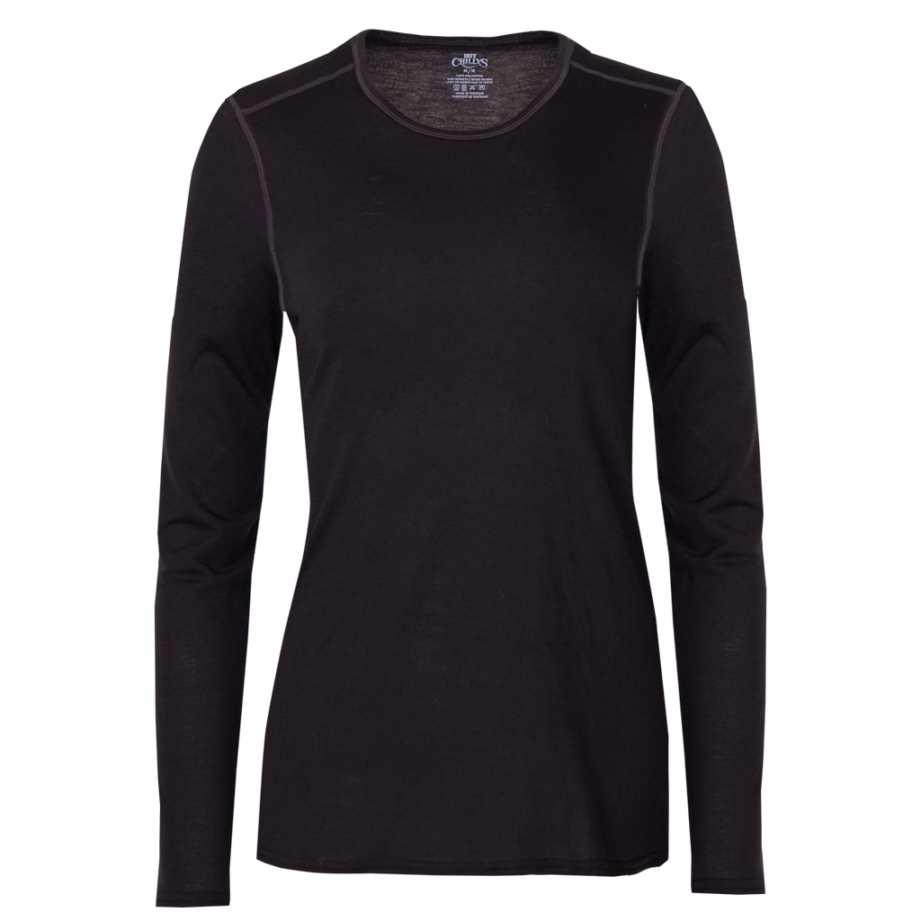 Hot Chillys Pepper Bi-Ply women's thermal shirt in black, perfect for cold weather layering