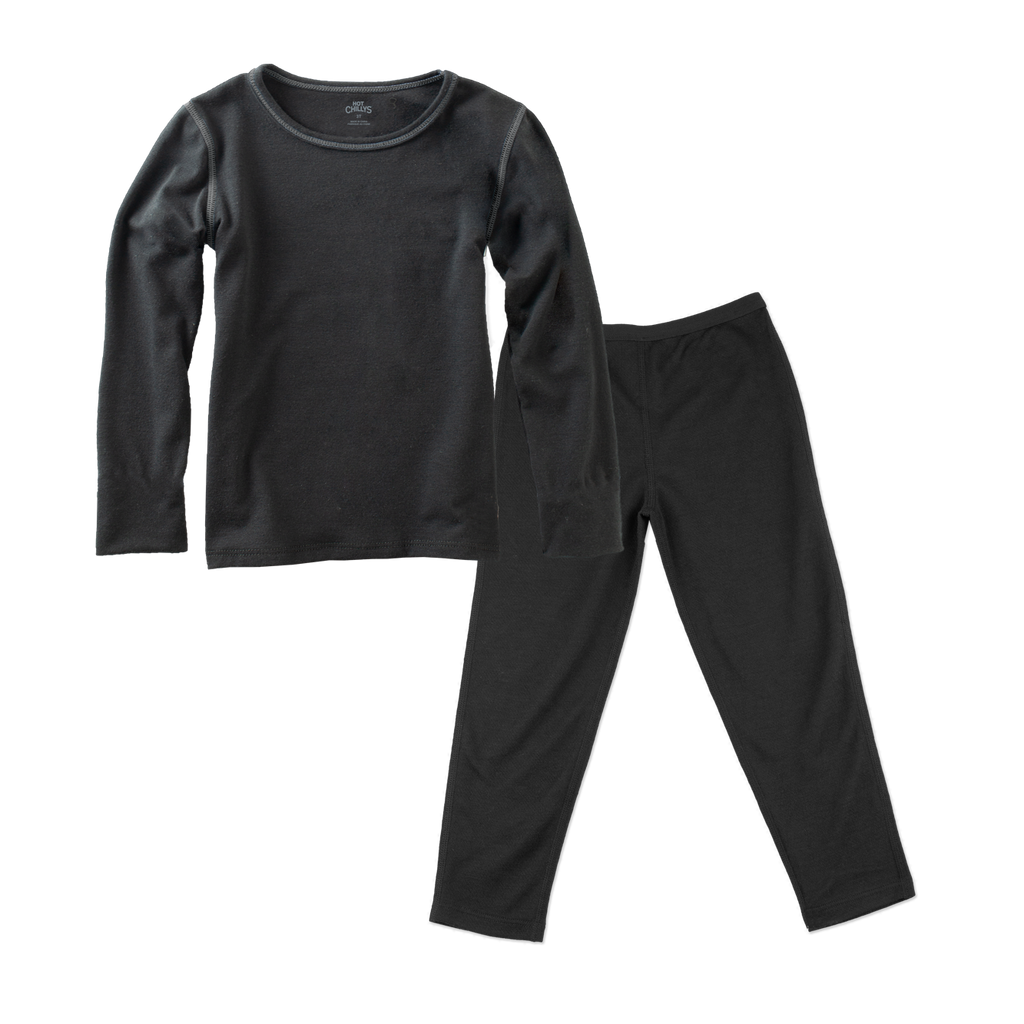 Hot Chillys toddler thermal base layer set in black for warmth during cold weather adventures